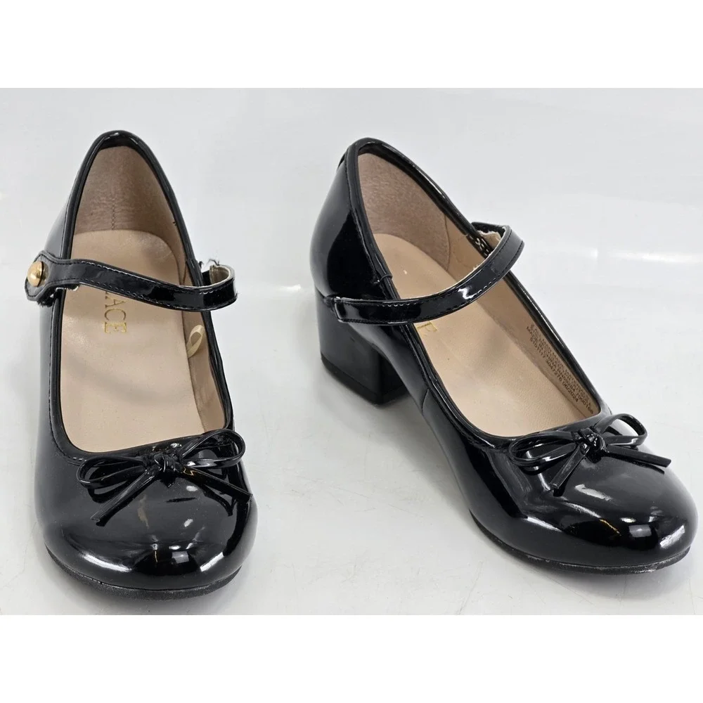 Place Girls Bow Faux Patent Leather Low Heel Shoes - Black Sz 2 M